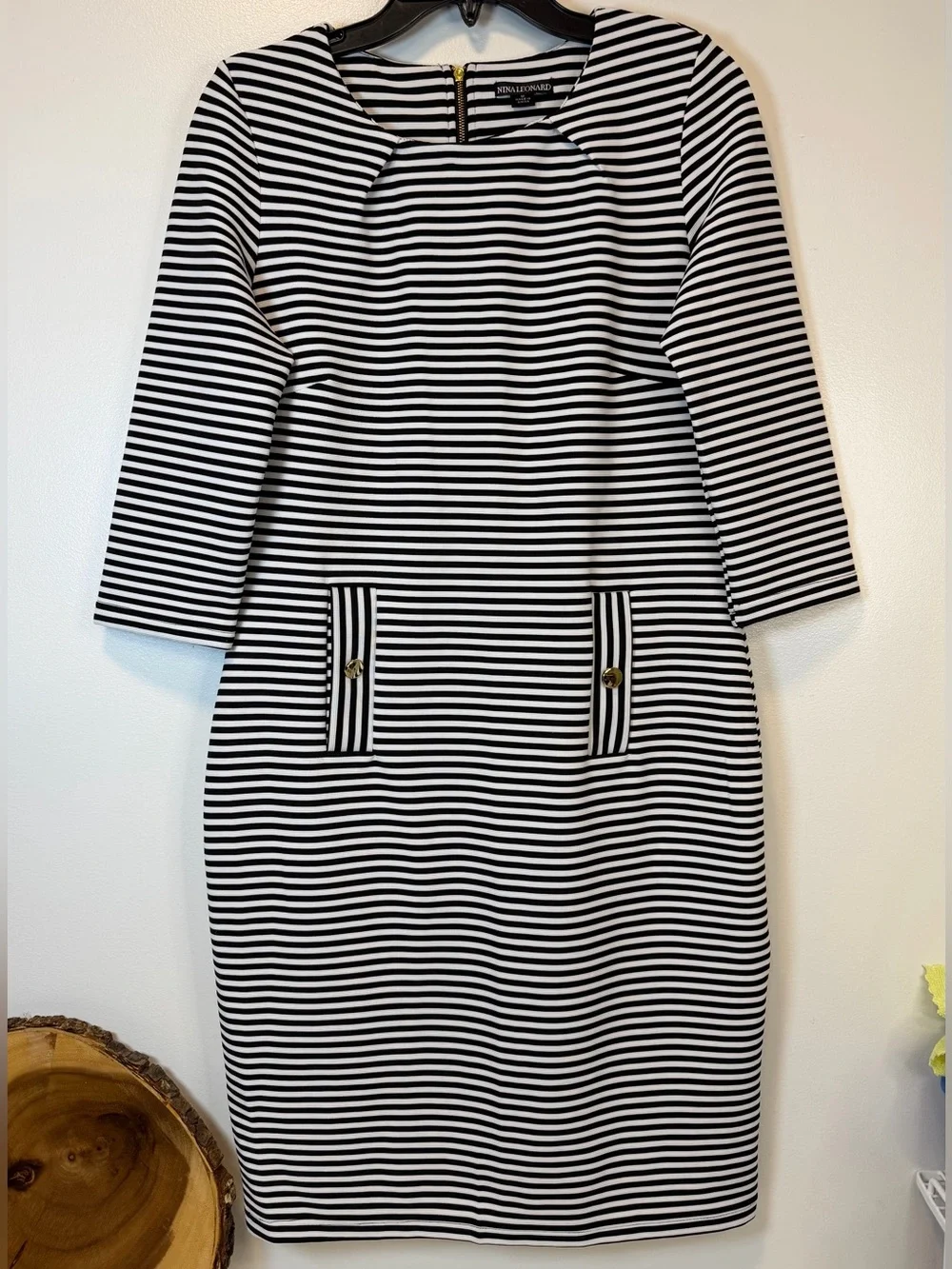 Nina Leonard horizontal‎ stripe midi dress black & white boat neck Women’s Large
